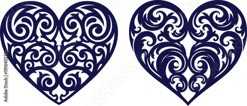 Pair of decorative heart shapes featuring intricate filigree patterns, ideal for Valentines Day crafts