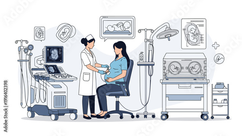 Healthcare worker performing a medical ultrasound examination on a pregnant woman in a modern clinical setting with equipment.