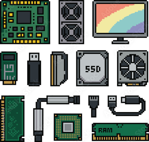 Pixel computer components including motherboard R A M C P U S D monitor and fans