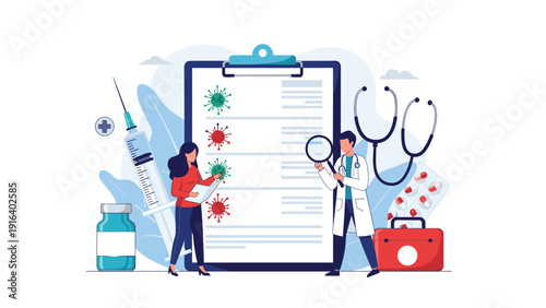 Doctors examining a large clipboard with virus information and medical tools symbolizing the fight against global disease.