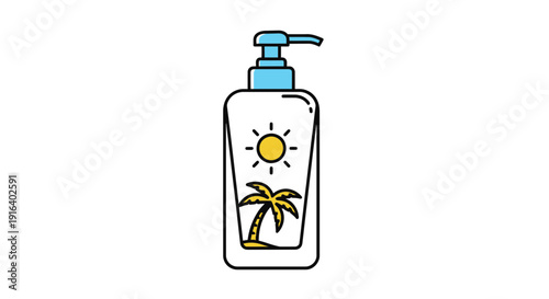 Sunscreen bottle with palm tree and sun graphic, summer skincare and travel essential