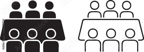 Vector illustration of a business meeting icon with six abstract people around a table, presented in both solid black fill and outline styles, isolated on transparent background.