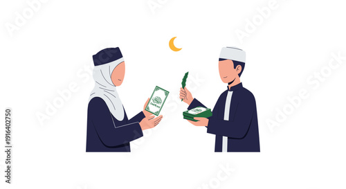 A serene illustration of a Muslim couple exchanging gifts during Ramadan, set against a simple white background with a crescent moon.