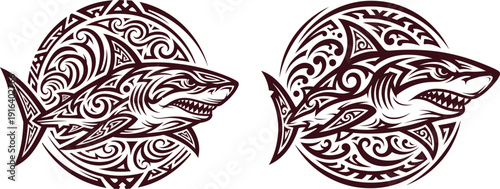 Powerful great white shark head illustrations integrated into circular tribal art patterns