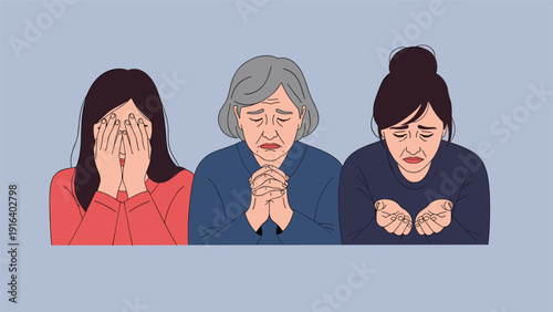 Group of three diverse women showing deep sadness and mourning through their body language and facial expressions.