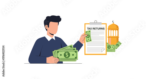 Illustration of a man holding cash and a tax return form with a money refund concept, symbolizing financial success and tax benefits.