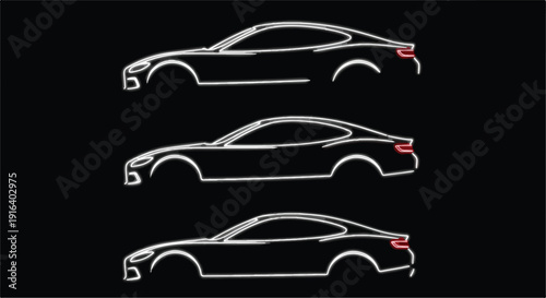 Three white outline vector illustrations of a luxury sports car in side profile, depicted against a stark black background. The sleek vehicle design features a coupe body style with distinct