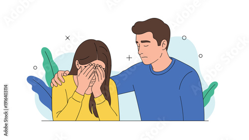 Caring man comforting a crying woman by placing hand on her shoulder during emotional moment of sadness or loss for support concept.