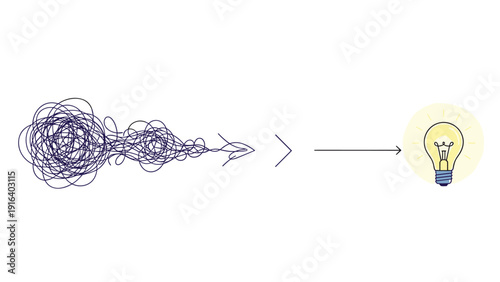 Process of simplifying complex ideas into a creative solution shown by tangled lines turning into a bright glowing light bulb.