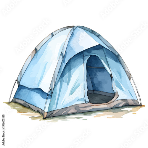 Watercolor Blue Camping Tent Clipart, Hand-Painted Outdoor Shelter Illustration isolated on White Background
