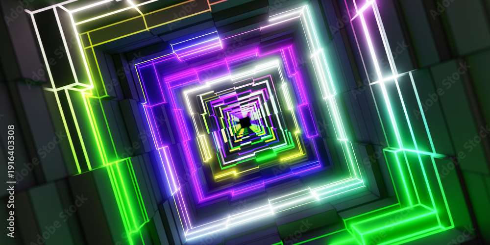 Fototapeta premium colorful neon light square tunnel abstract background futuristic gaming corridor perspective infinite glowing geometric frame loop passage design 3d illustration