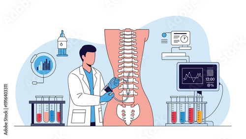 Medical professional performing spine procedure on anatomical model in modern laboratory with test tubes and monitoring equipment.