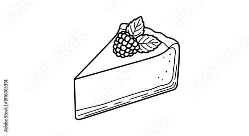 Slice of Cheesecake with Raspberry and Mint Leaves, Hand-Drawn Line Art Illustration