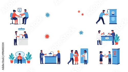 Hygiene and safety illustrations set showing people washing hands and using sanitizer to prevent virus and bacterial spread.