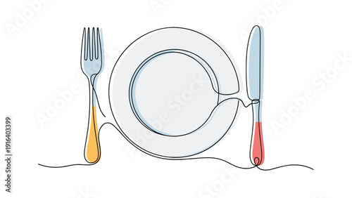 Continuous line drawing of dining set with plate, fork, and knife featuring orange and red colored handles on white background.
