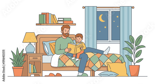 Father Reading Bedtime Story to His Son in Bedroom Flat Vector Illustration