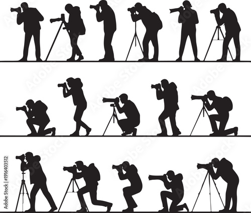 Photographers with camera various poses black silhouette set collection.