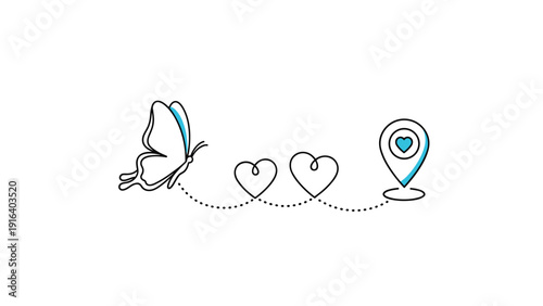 Romantic concept with butterfly flying along a heart shaped dotted line towards a location pin with heart symbol.