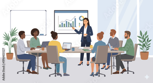 Businesswoman Giving Presentation to Diverse Team in Office Meeting Room