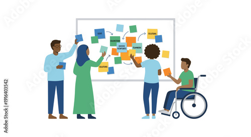 Diverse Business Team Brainstorming Ideas with Sticky Notes on Whiteboard
