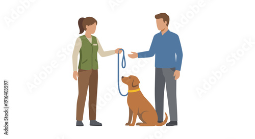 Woman volunteer giving adopted dog to new male owner flat illustration