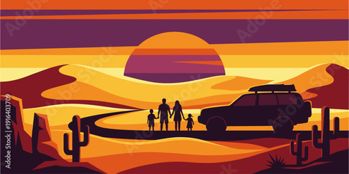 Family road trip car silhouette in desert landscape at sunset vector illustration