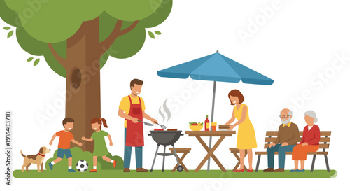 Big happy family having a BBQ picnic in the park flat vector illustration