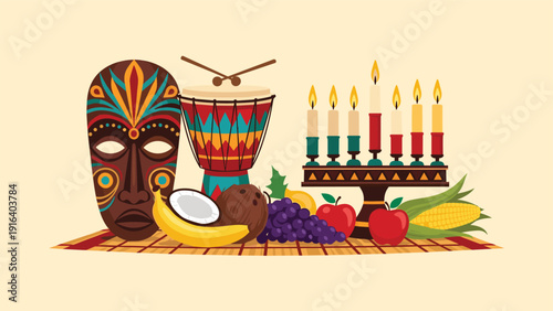Kwanzaa celebration symbols set featuring traditional African mask, drum, kinara with seven candles, and fresh harvest fruits.