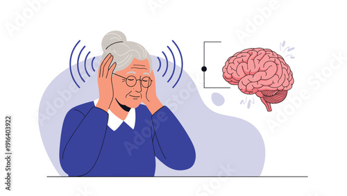 Elderly woman suffering from headache or tinnitus holds her head in pain next to a human brain illustration for cognitive health issues.