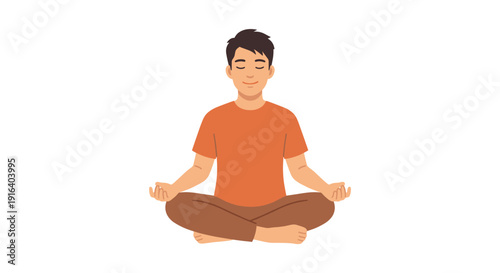 Flat vector illustration of a young man sitting in lotus pose and meditating