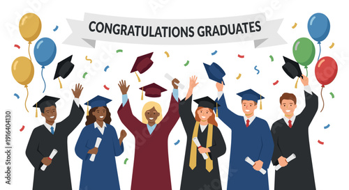 Joyful diverse students throwing caps at university graduation ceremony illustration