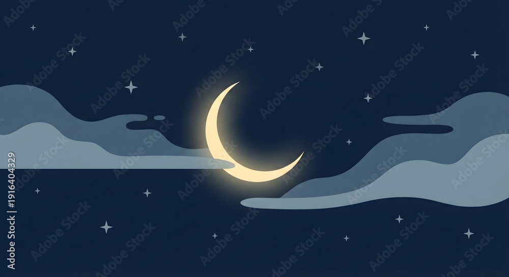 Naklejka premium Stylized Graphic Illustration of Crescent Moon and Clouds in Starry Night