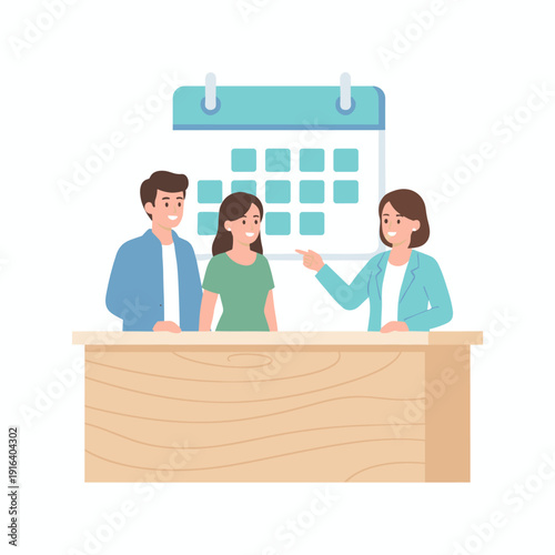 Young couple booking an appointment with a female consultant at reception desk, flat vector illustration
