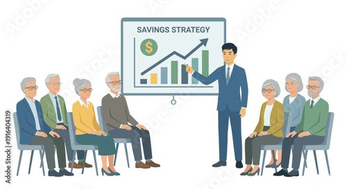 Financial advisor giving a savings strategy presentation to a group of senior people, flat vector illustration