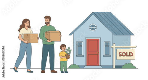 Happy family moving into a new home, standing with boxes near house and sold sign, flat vector illustration
