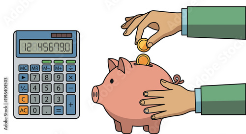 Hands putting coins into a piggy bank near a calculator flat illustration concept of saving money