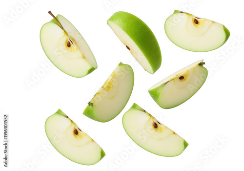 Slices of fresh green apple fruit floating isolated on transparent background