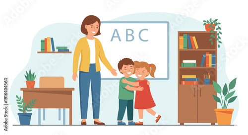 Female teacher with two cute hugging children in classroom flat illustration