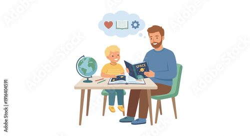 Father and son reading a book about space together, flat vector illustration