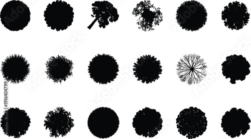Tree top view silhouettes collection, round foliage canopy shapes isolated on white background, black vector illustration set