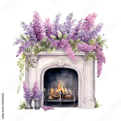 Watercolor Vintage Fireplace with Purple Lilac Bouquet, Hand-Painted Mantel Floral Arrangement with Burning Fire isolated on White Background
