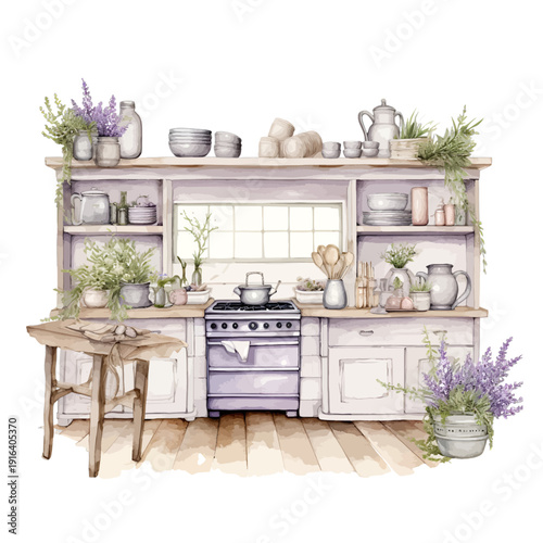 Watercolor Lavender Farmhouse Kitchen Clipart, Hand-Painted Purple Kitchenware and Cabinets with Floral Bouquets isolated on White Background