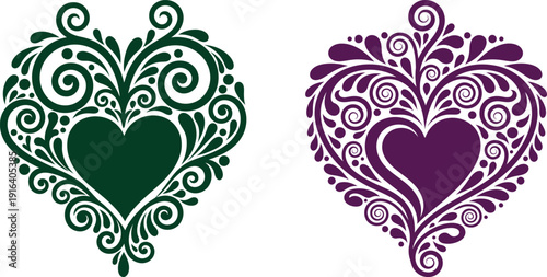 Stylized decorative heart shapes composed of swirling organic floral patterns for affectionate concepts