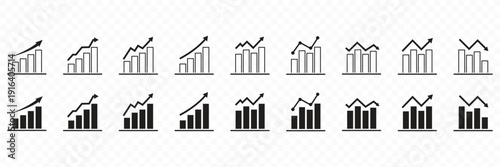Business chart icon set showing growth and decline trends. Bar graphs with up and down arrows for analytics  statistics  financial performance  revenue increase  sales growth  profit loss