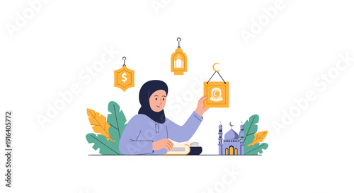 A serene illustration of a woman in hijab decorating with Ramadan lanterns and dollar signs, symbolizing celebration and prosperity.