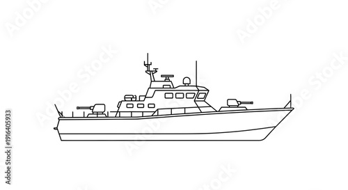 Outline illustration of a modern patrol boat with cannons, side view