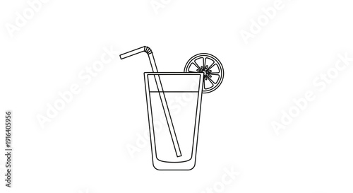 Outline of a refreshing drink with a lemon slice and straw in a tall glass, isolated on white background.