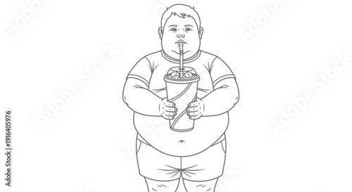 Overweight boy drinking a large soda, unhealthy lifestyle concept