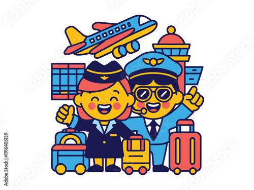 Flight attendants and pilot stand smiling beside luggage with airplane and tower in background.