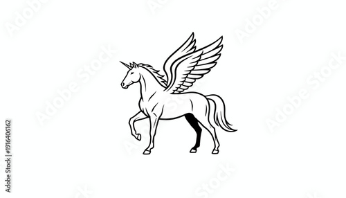 Mythical Pegasus Unicorn with Wings, Majestic Fantasy Creature, Line Art Illustration